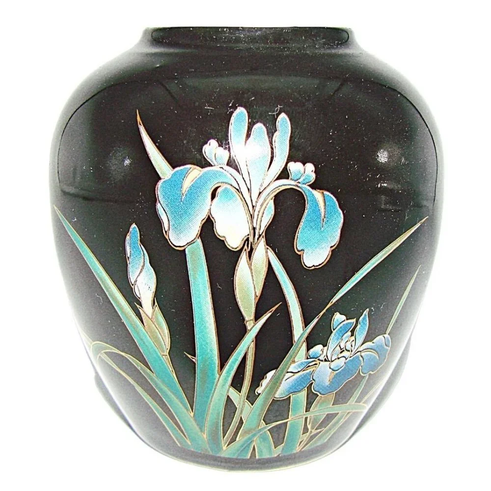San Francisco Black Onyx Trinket Jar Vase Floral Hand Painted Decorative Flower